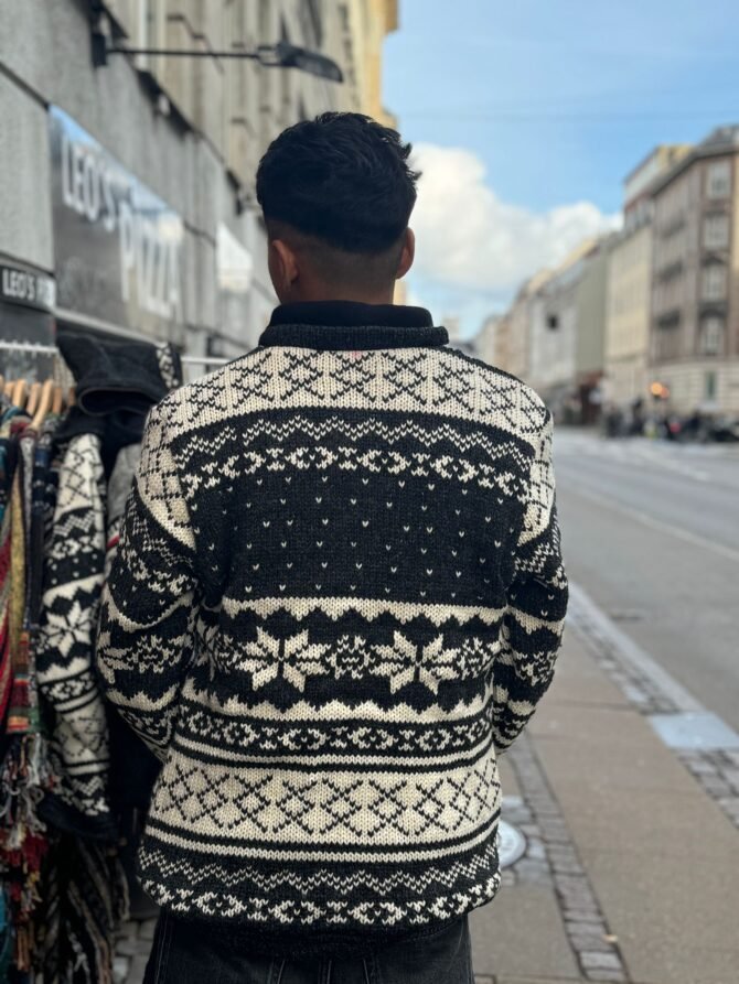 Handmade Woolen Jacket with Nordic Snowflake Pattern – Nepali Artisan Hoodie - Image 3